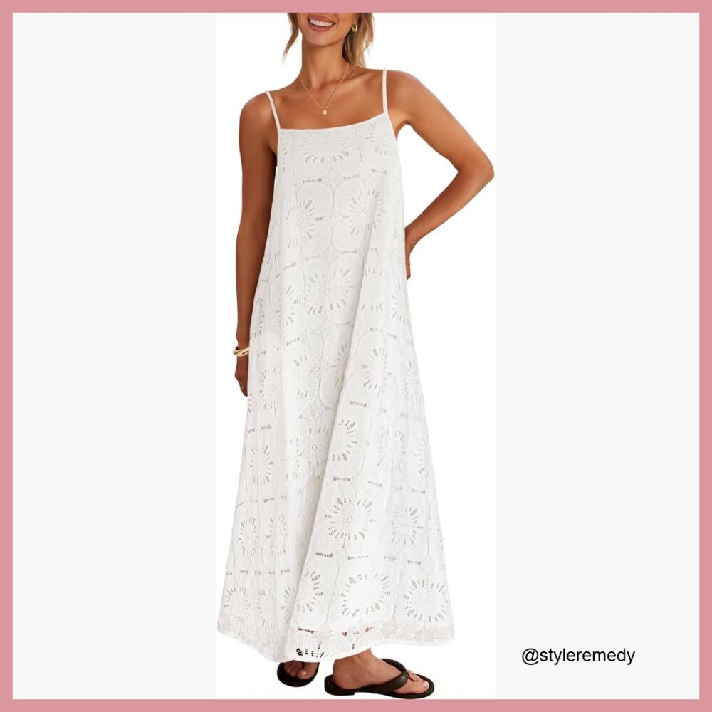Spaghetti Straps Sleeveless Maxi Dress with Lace Eyelet and Side Pockets